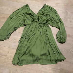 Chic Olive Silky Flowy Long Sleeve Dress
